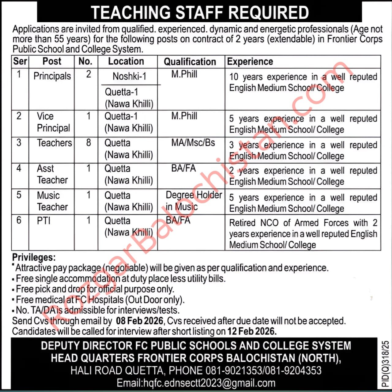 Frontier Corps Public School and College Teaching Staff Jobs 2026 Advertisement