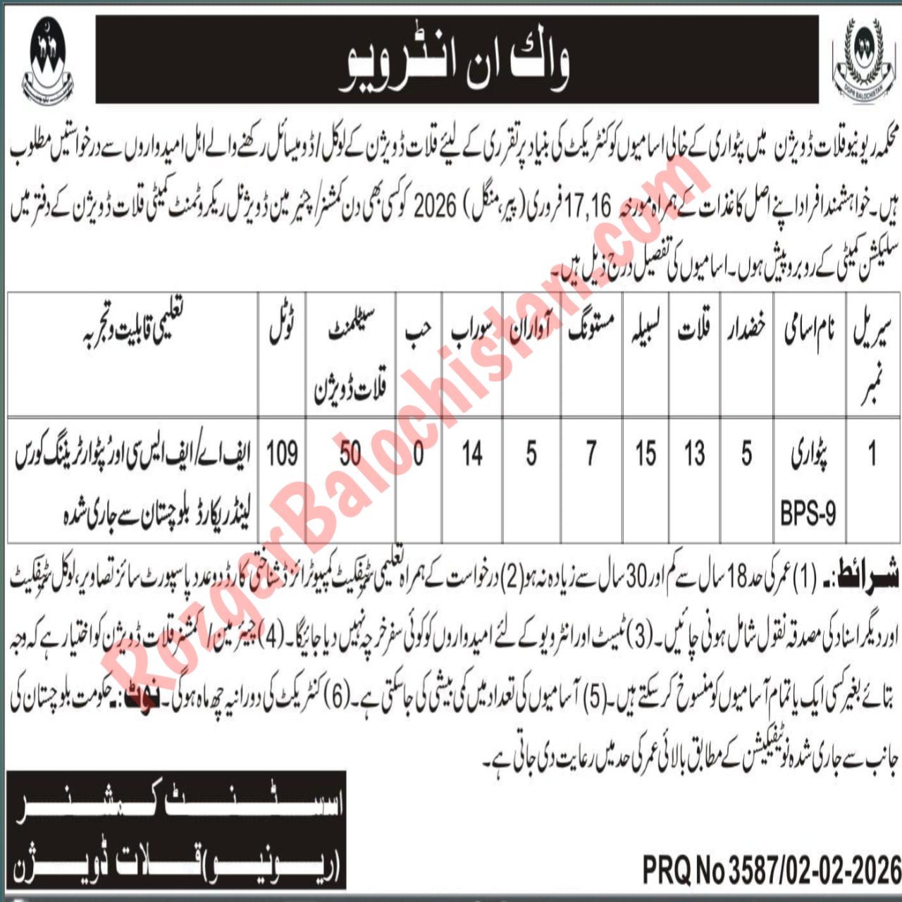 Walk-in Interview Jobs 2026 Balochistan BPS-09 advertisement