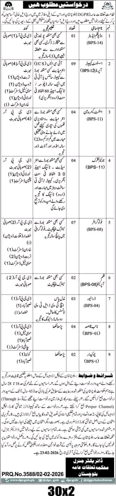 DGPR Balochistan Jobs 2026 official advertisement