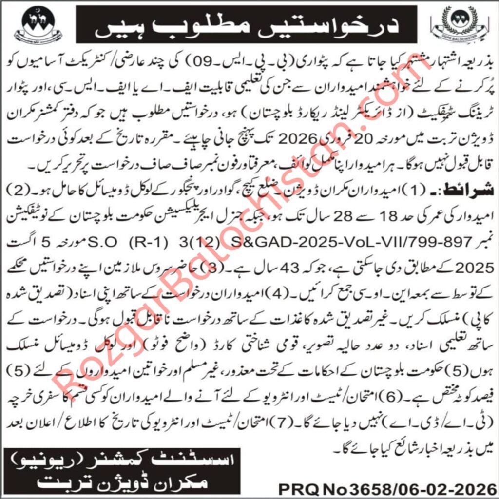 Patwari Jobs 2026 in Turbat, Mekran Division Balochistan