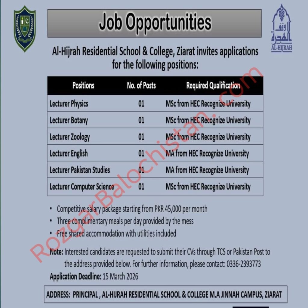 Lecturer Jobs 2026 at Al‑Hijrah Residential School & College Ziarat – Multiple Subjects