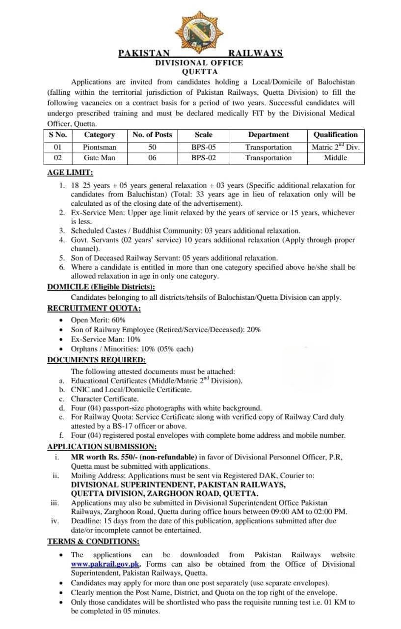 Pakistan Railway Jobs 2026 Quetta Division Pointsman and Gate Man advertisement