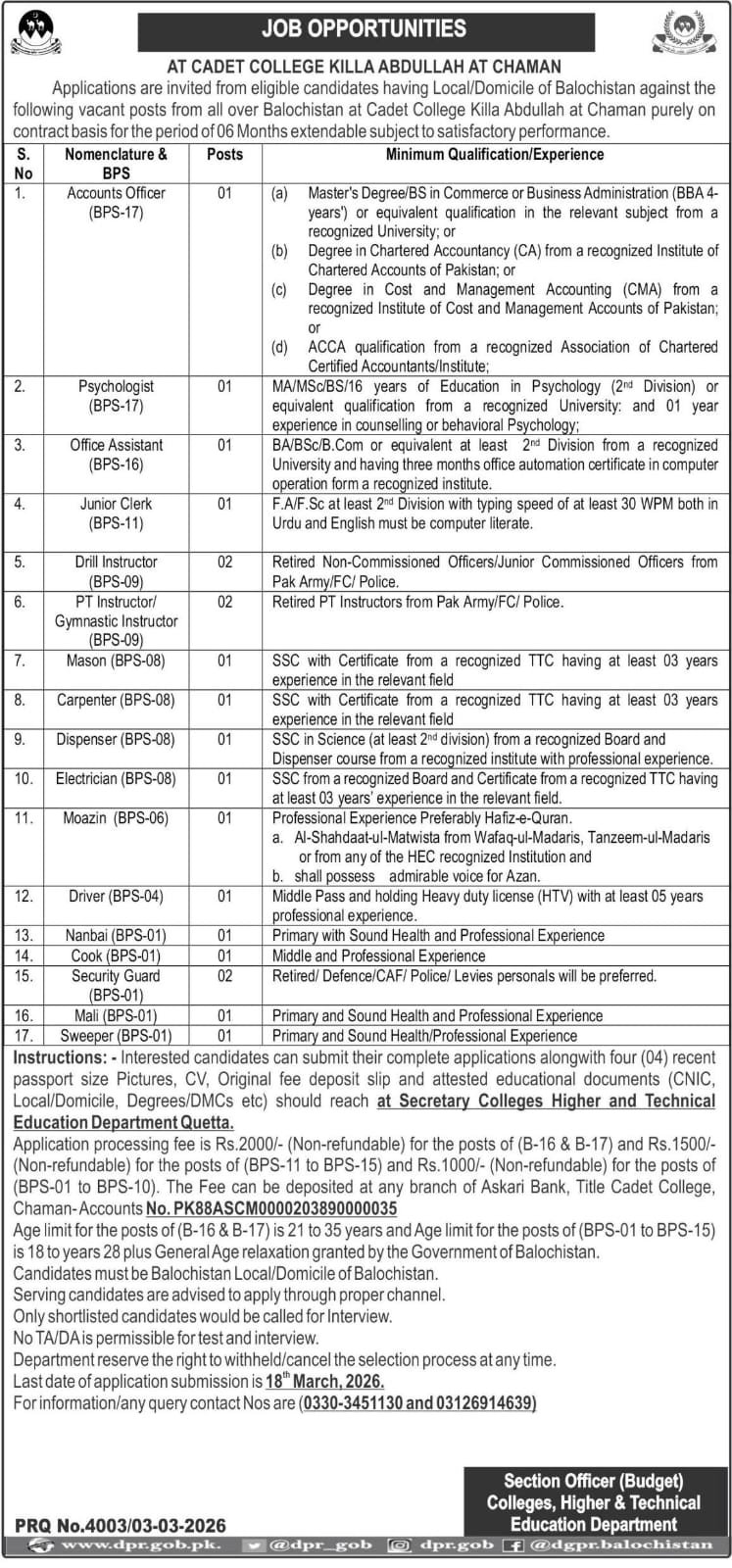 Cadet College Killa Abdullah Chaman Jobs 2026 Official Advertisement