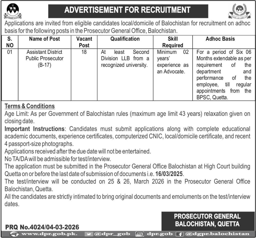 Assistant District Public Prosecutor Jobs 2026 in Prosecutor General Office Balochistan Advertisement