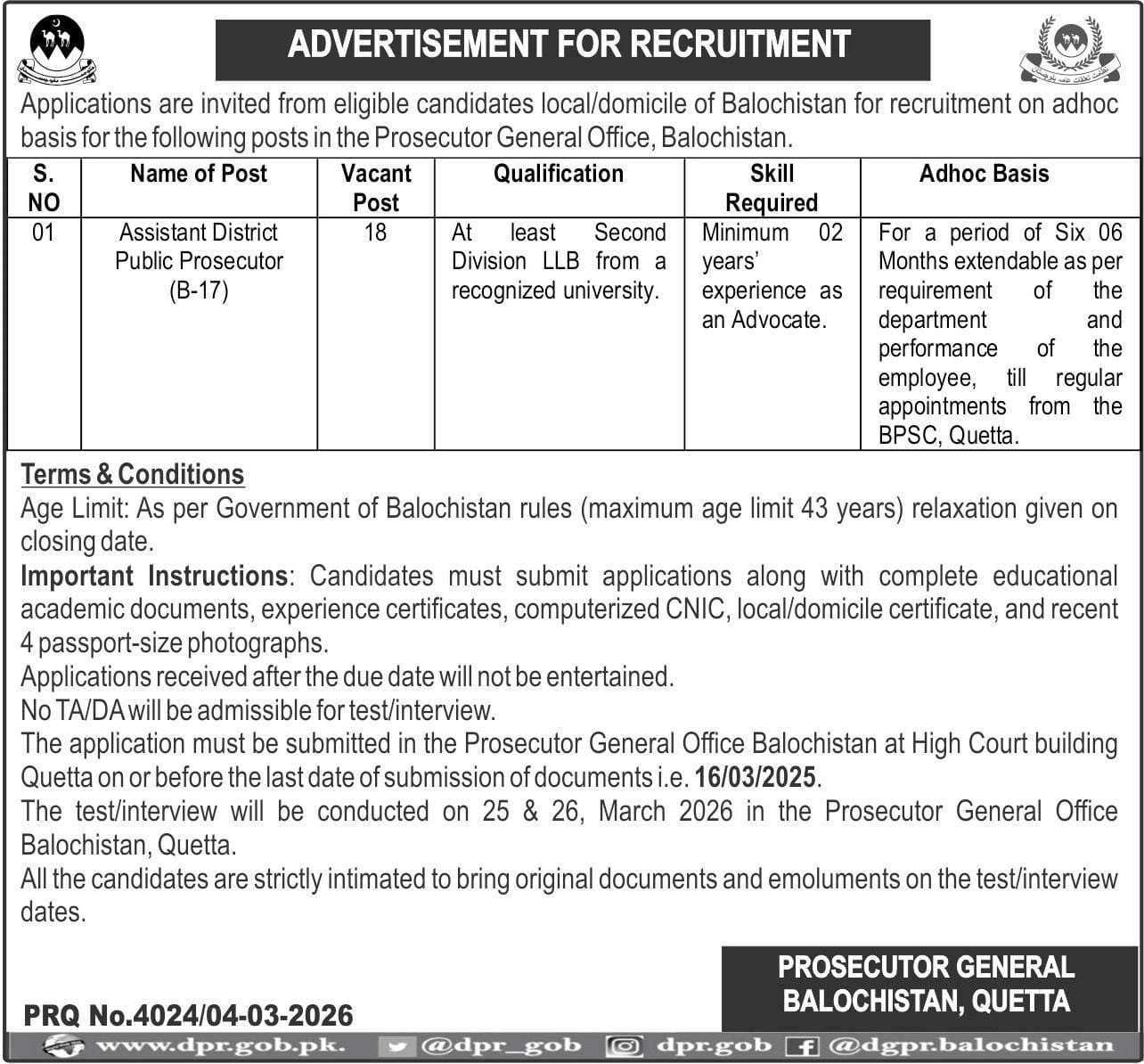 Assistant District Public Prosecutor Jobs 2026 in Prosecutor General Office Balochistan Advertisement