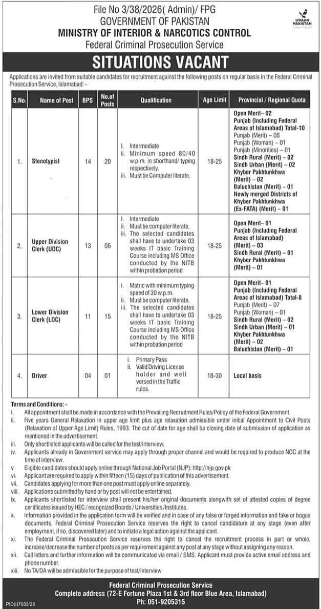 Ministry of Interior and Narcotics Control Jobs 2026 Advertisement
