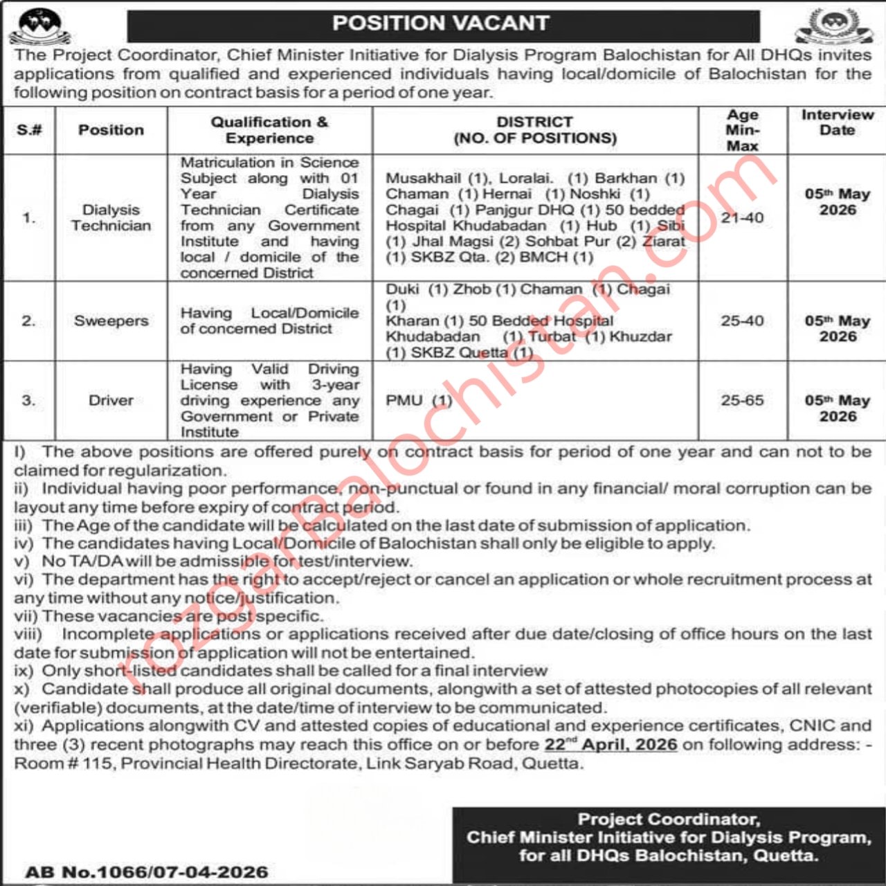 Chief Minister Dialysis Program Balochistan Jobs 2026 advertisement