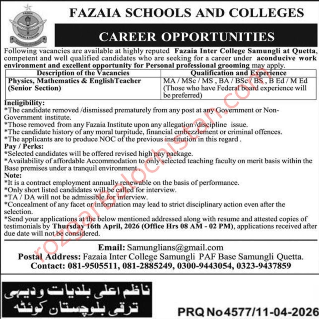Fazaia Inter College Samungli Quetta Jobs 2026 Advertisement