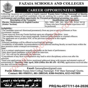 Fazaia Inter College Samungli Quetta Jobs 2026 Advertisement