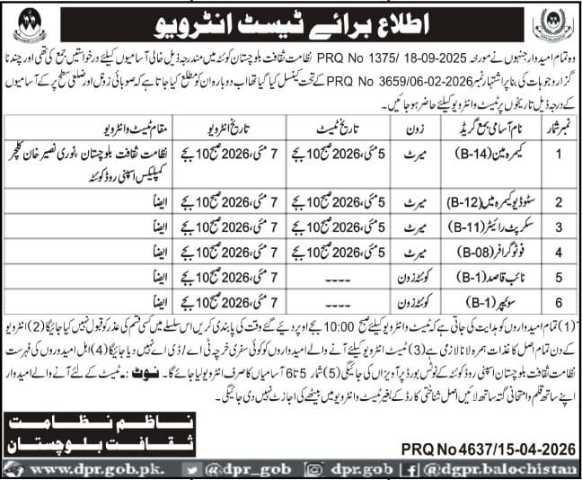 Culture Department Balochistan Test Interview Schedule 2026 DPR Jobs