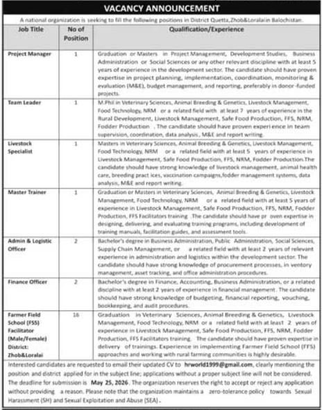 NGO Livestock Project Jobs 2026 in Balochistan