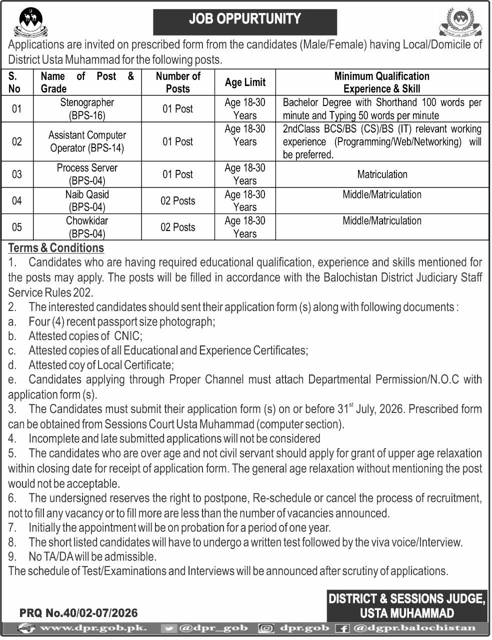 District and Sessions Judge Usta Muhammad Jobs 2026 advertisement for Stenographer, Computer Operator, Process Server, Naib Qasid and Chowkidar posts