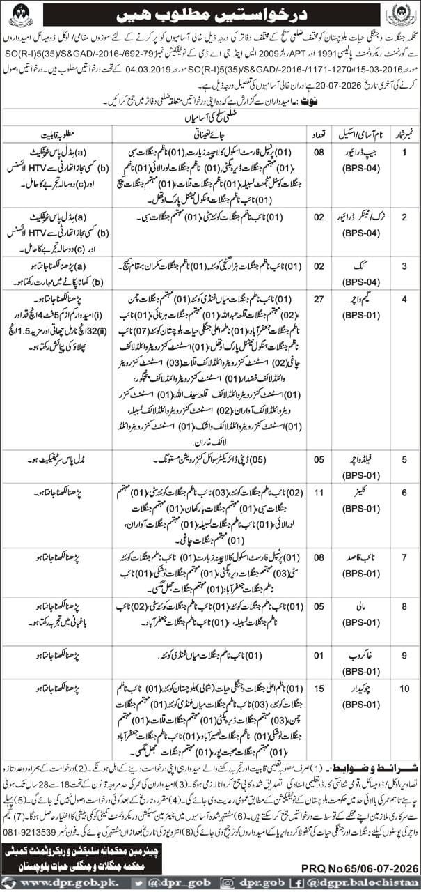 Forest & Wildlife Department Balochistan Jobs 2026 advertisement - Game Watcher, Driver, Clerk vacancies
