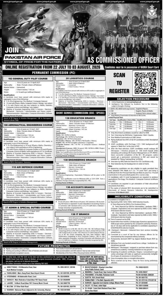 Pakistan Air Force PAF Jobs 2026 online registration advertisement for Commissioned