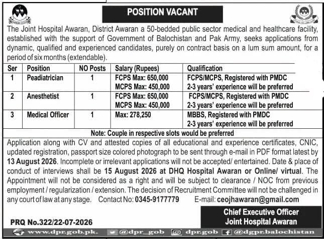 Joint Hospital Awaran Jobs 2026