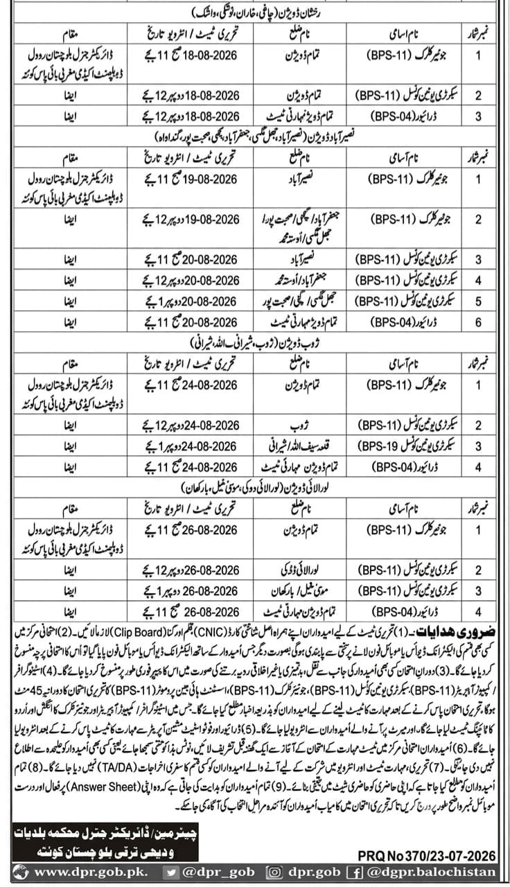 Local Government Balochistan Test Interview Schedule 2026