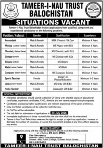 Tameer-i-Nau Trust Balochistan Jobs 2026