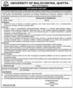 University of Balochistan UOB Quetta Jobs 2026 Situation Vacant advertisement for Controller of Examinations